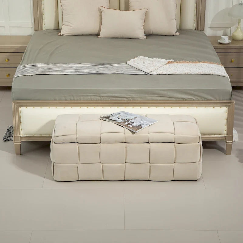 Ottoman de rangement rembourré en tissu velours avec charnière de sécurité, aucun assemblage requis