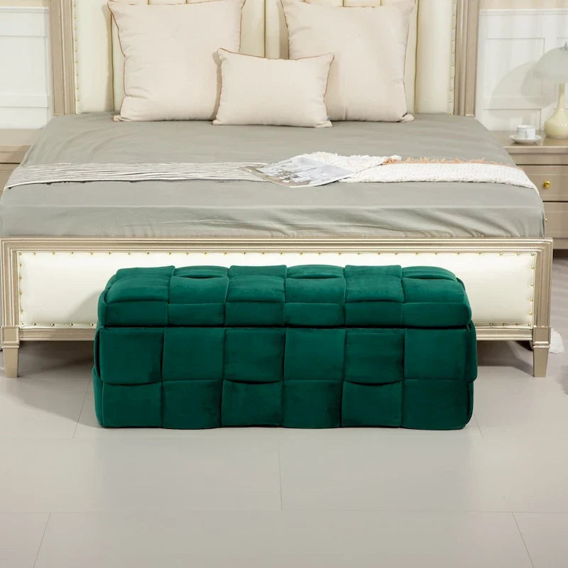 Ottoman de rangement rembourré en tissu velours avec charnière de sécurité, aucun assemblage requis
