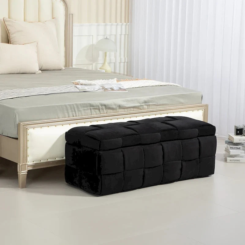 Ottoman de rangement rembourré en tissu velours avec charnière de sécurité, aucun assemblage requis