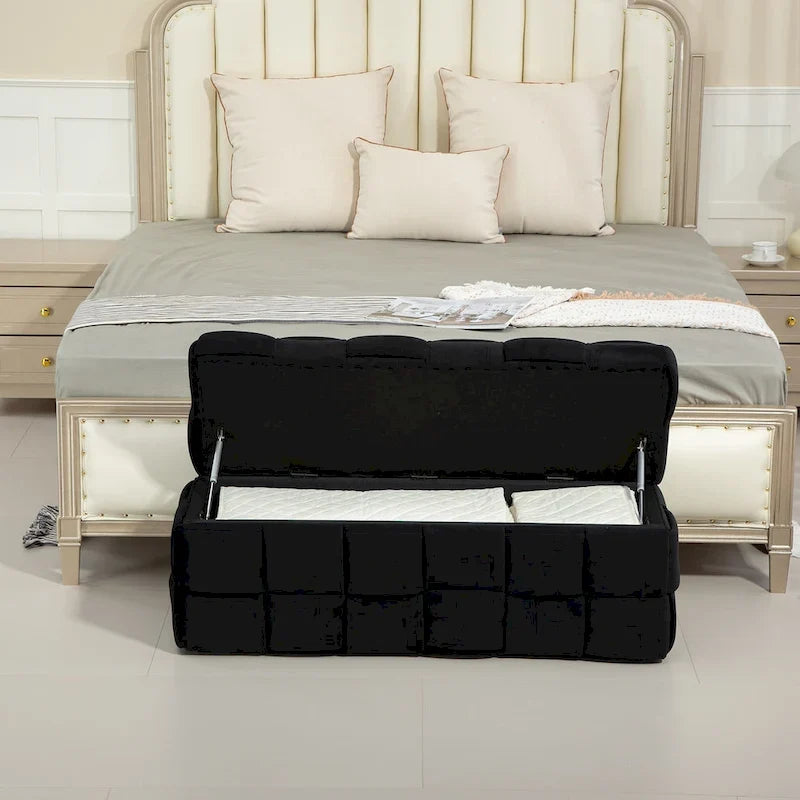 Ottoman de rangement rembourré en tissu velours avec charnière de sécurité, aucun assemblage requis
