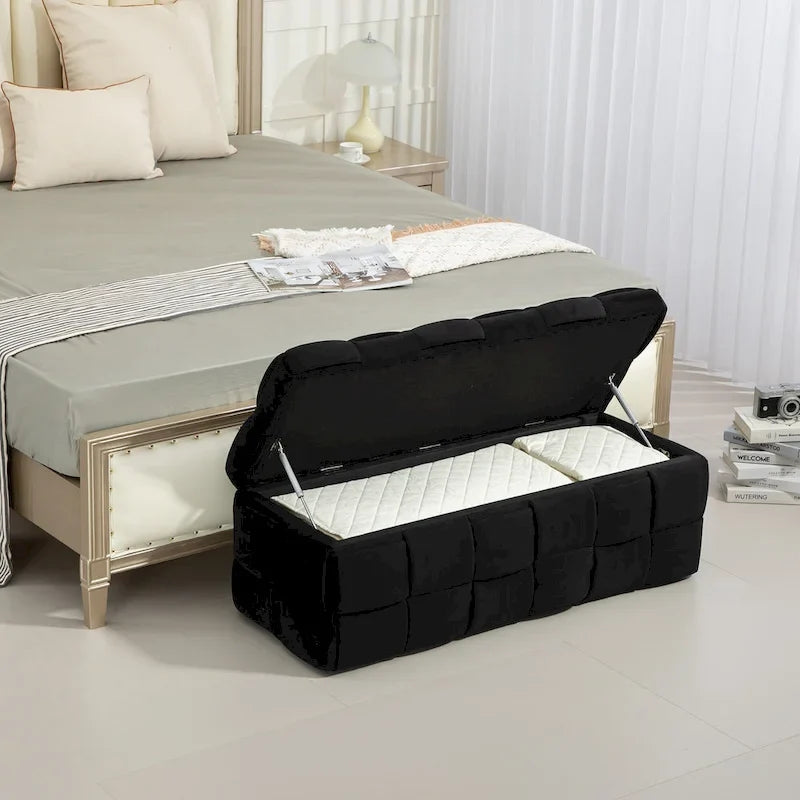 Ottoman de rangement rembourré en tissu velours avec charnière de sécurité, aucun assemblage requis