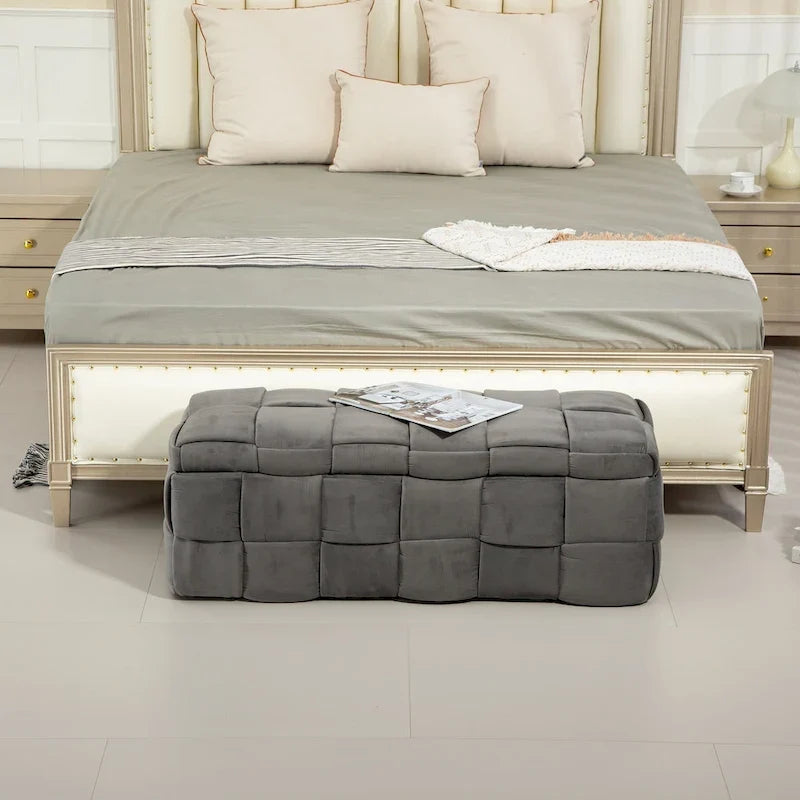 Ottoman de rangement rembourré en tissu velours avec charnière de sécurité, aucun assemblage requis