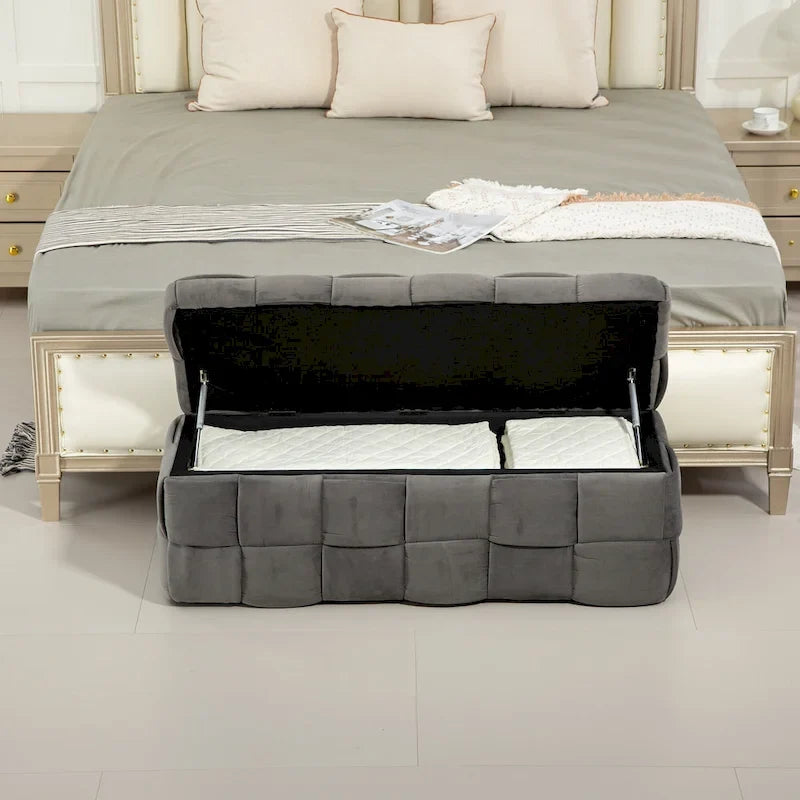 Ottoman de rangement rembourré en tissu velours avec charnière de sécurité, aucun assemblage requis