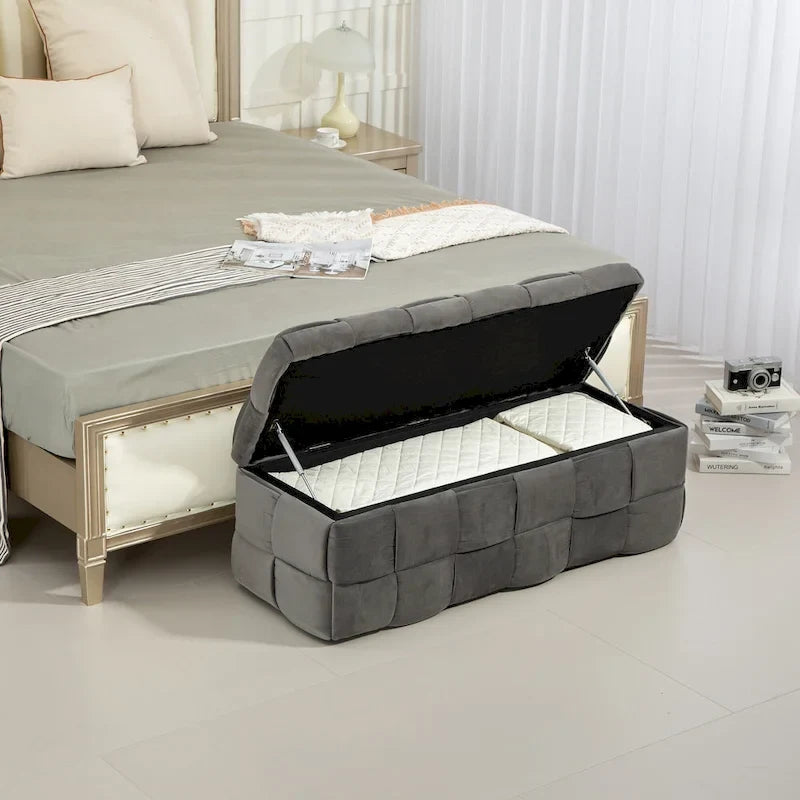 Ottoman de rangement rembourré en tissu velours avec charnière de sécurité, aucun assemblage requis
