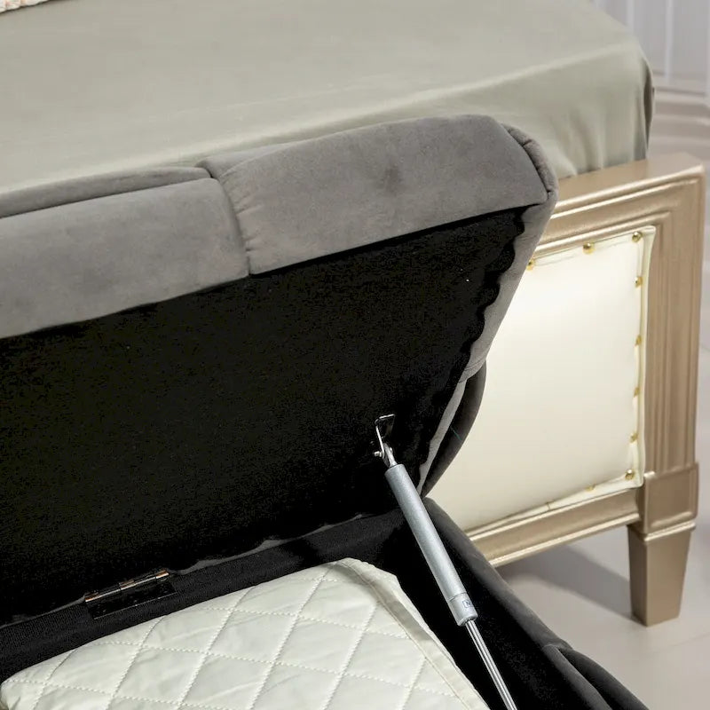 Ottoman de rangement rembourré en tissu velours avec charnière de sécurité, aucun assemblage requis
