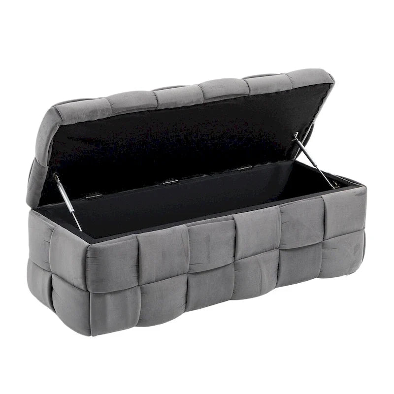 Ottoman de rangement rembourré en tissu velours avec charnière de sécurité, aucun assemblage requis
