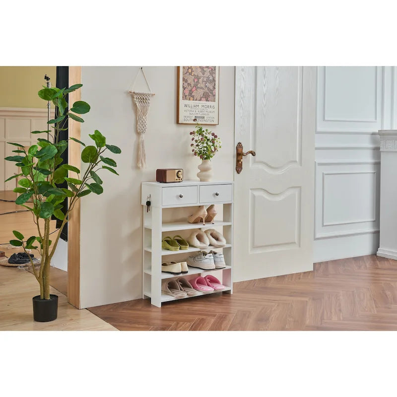 Meuble à chaussures moderne et minimaliste en bois avec 2 tiroirs, meuble à chaussures à 4 niveaux pour l’entrée