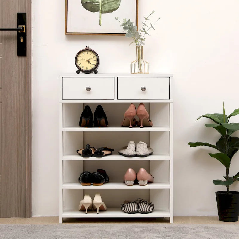 Meuble à chaussures moderne et minimaliste en bois avec 2 tiroirs, meuble à chaussures à 4 niveaux pour l’entrée