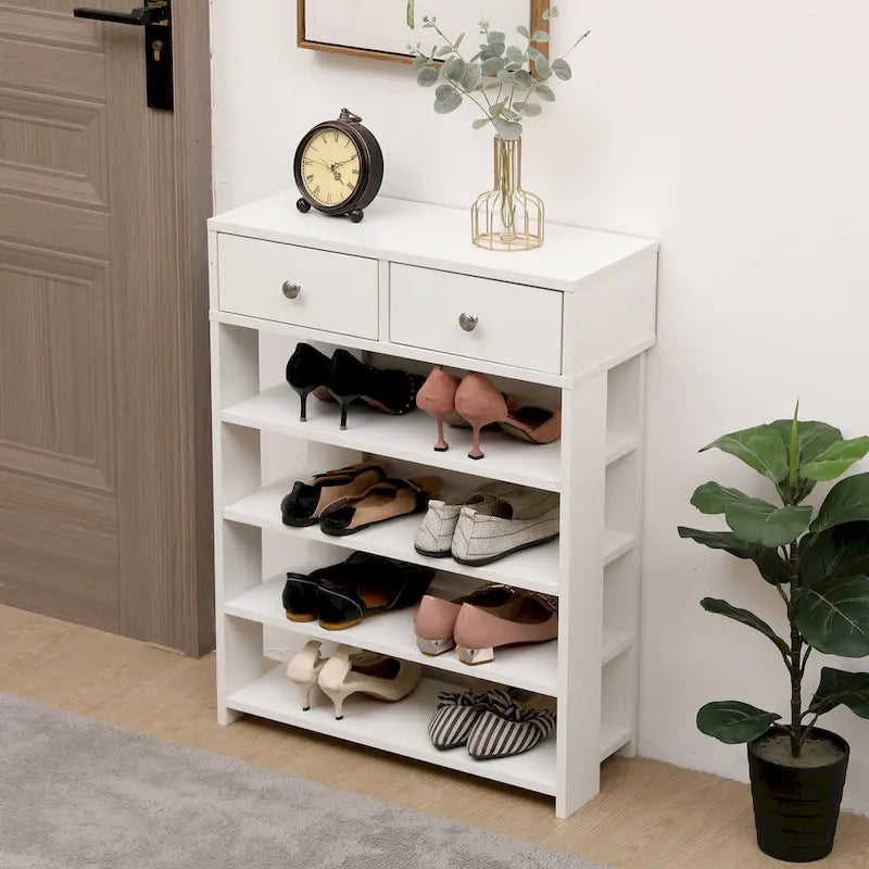 Meuble à chaussures moderne et minimaliste en bois avec 2 tiroirs, meuble à chaussures à 4 niveaux pour l’entrée