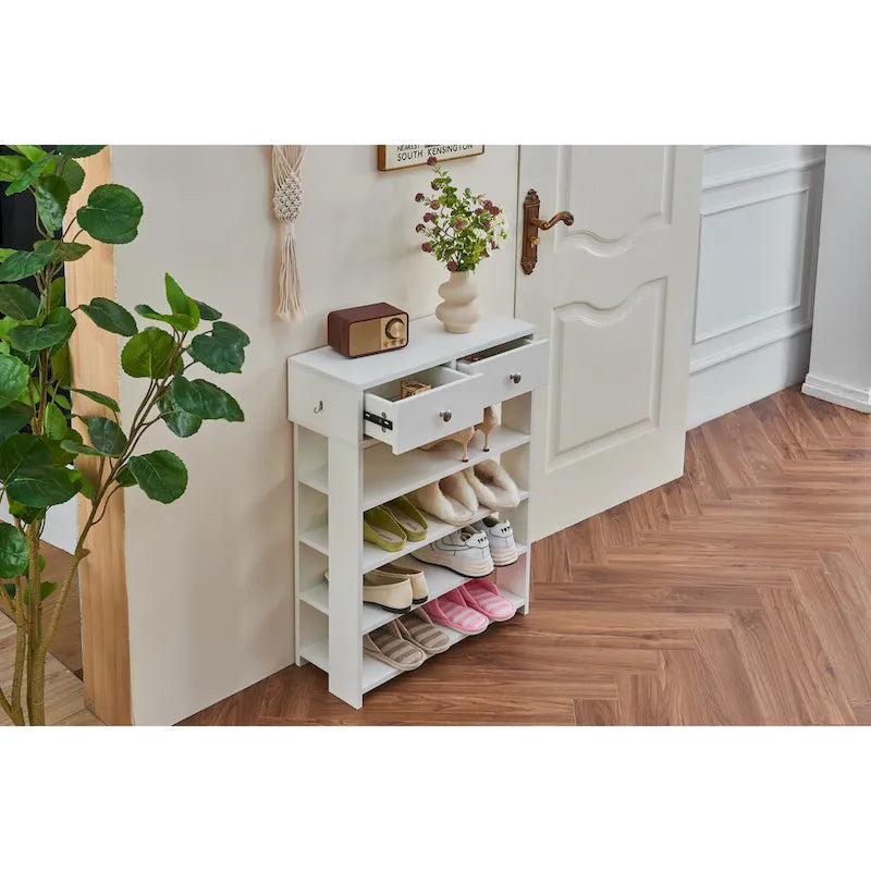 Meuble à chaussures moderne et minimaliste en bois avec 2 tiroirs, meuble à chaussures à 4 niveaux pour l’entrée
