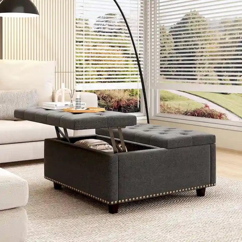 Grand banc de rangement carré, repose-pieds avec deux portes de rangement, table basse moderne de style milieu du siècle pour le salon, incrustation de clous décoratifs