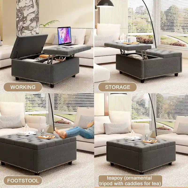 Grand banc de rangement carré, repose-pieds avec deux portes de rangement, table basse moderne de style milieu du siècle pour le salon, incrustation de clous décoratifs