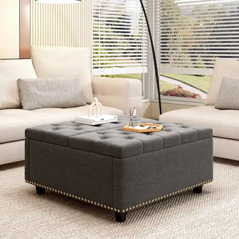 Grand banc de rangement carré, repose-pieds avec deux portes de rangement, table basse moderne de style milieu du siècle pour le salon, incrustation de clous décoratifs