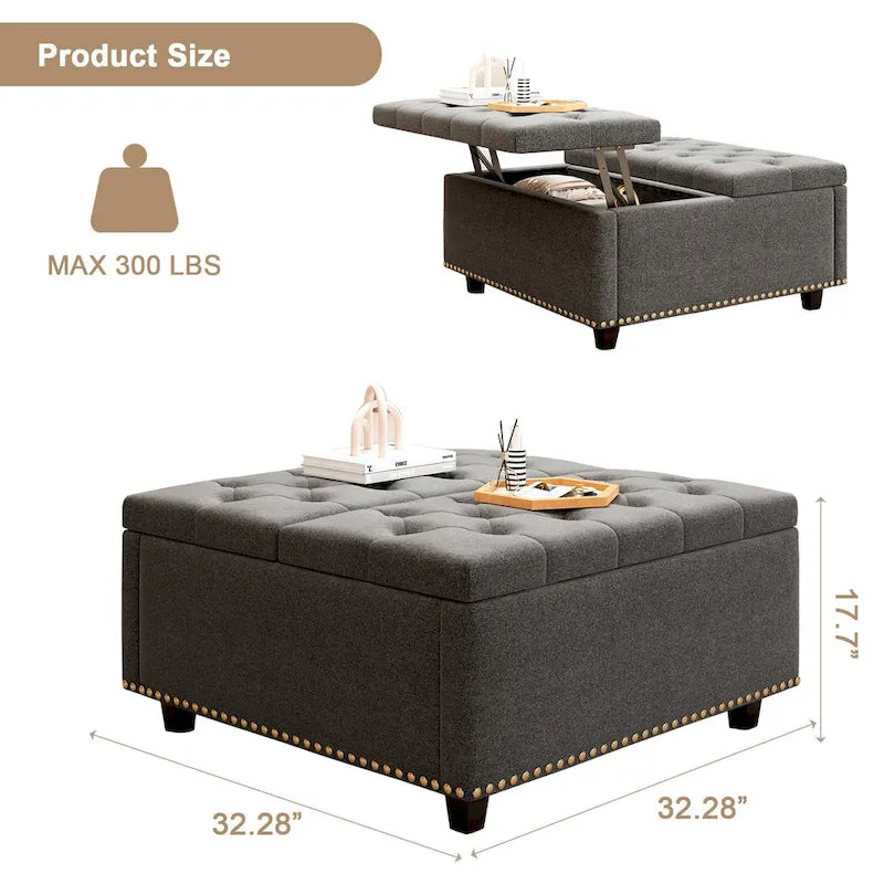 Grand banc de rangement carré, repose-pieds avec deux portes de rangement, table basse moderne de style milieu du siècle pour le salon, incrustation de clous décoratifs