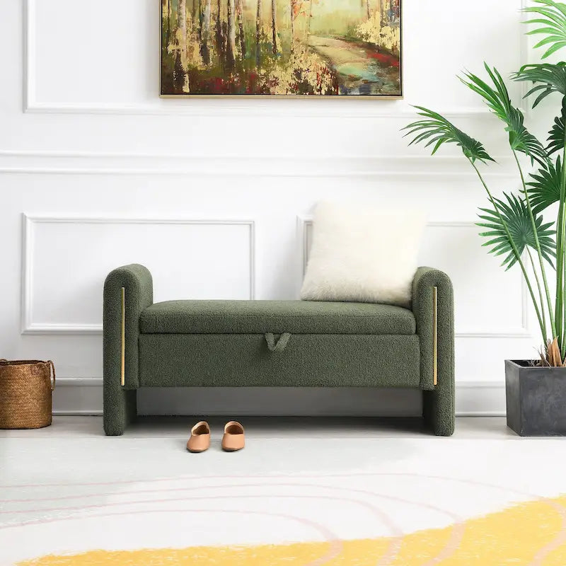 Banc de rangement rembourré en polaire teddy avec accoudoirs, banc d’entrée à plateau relevable pour couloir