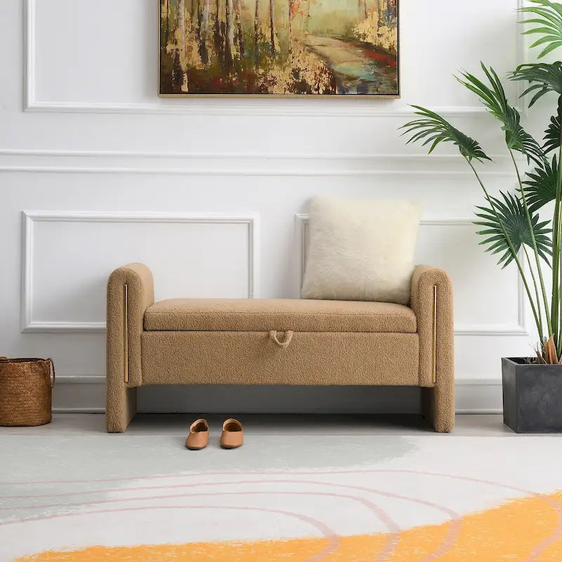 Banc de rangement rembourré en polaire teddy avec accoudoirs, banc d’entrée à plateau relevable pour couloir