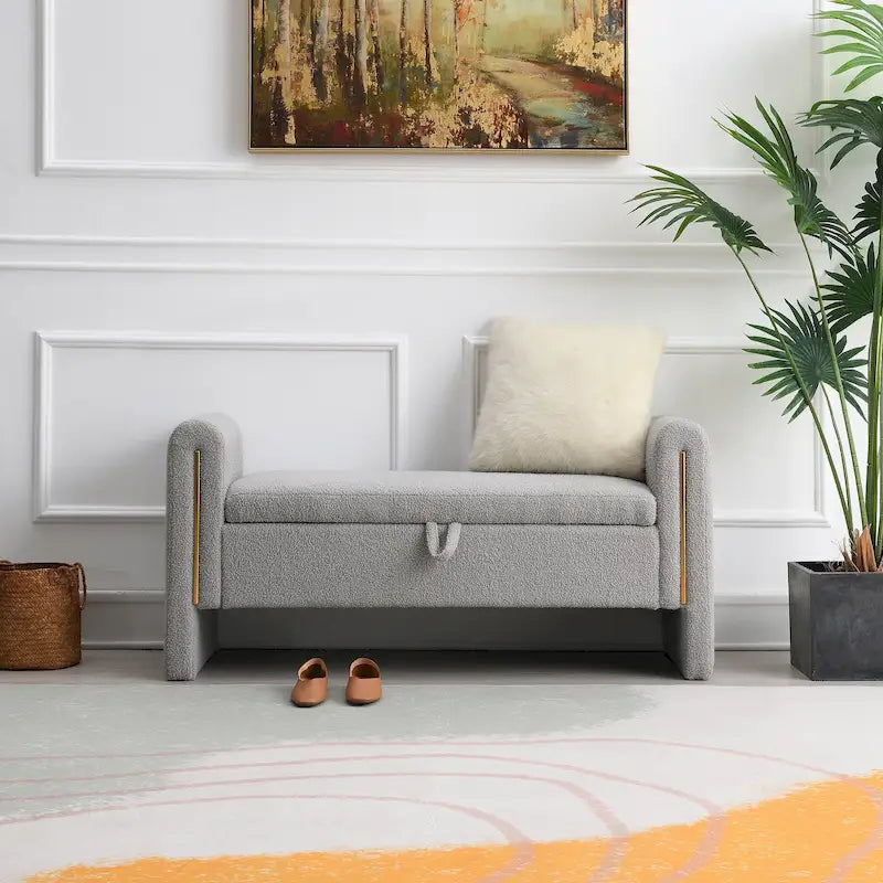 Banc de rangement rembourré en polaire teddy avec accoudoirs, banc d’entrée à plateau relevable pour couloir
