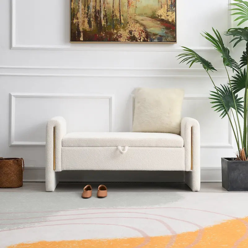 Banc de rangement rembourré en polaire teddy avec accoudoirs, banc d’entrée à plateau relevable pour couloir