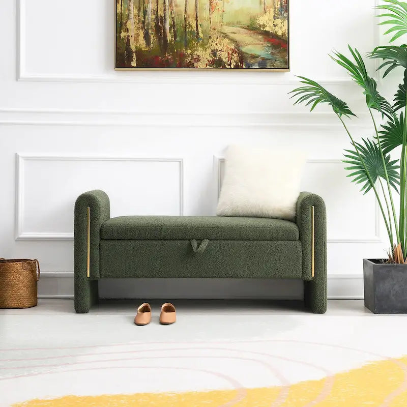 Banc de rangement rembourré en polaire teddy avec accoudoirs, banc d’entrée à plateau relevable pour couloir
