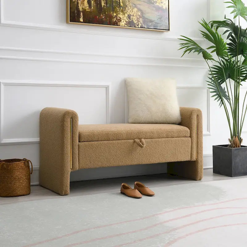 Banc de rangement rembourré en polaire teddy avec accoudoirs, banc d’entrée à plateau relevable pour couloir