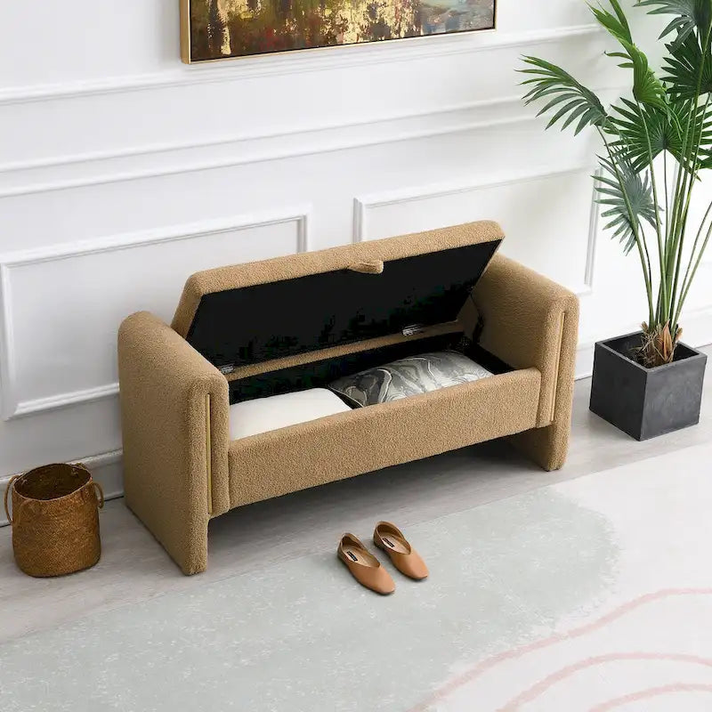 Banc de rangement rembourré en polaire teddy avec accoudoirs, banc d’entrée à plateau relevable pour couloir