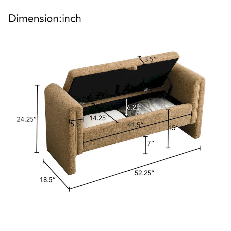 Banc de rangement rembourré en polaire teddy avec accoudoirs, banc d’entrée à plateau relevable pour couloir
