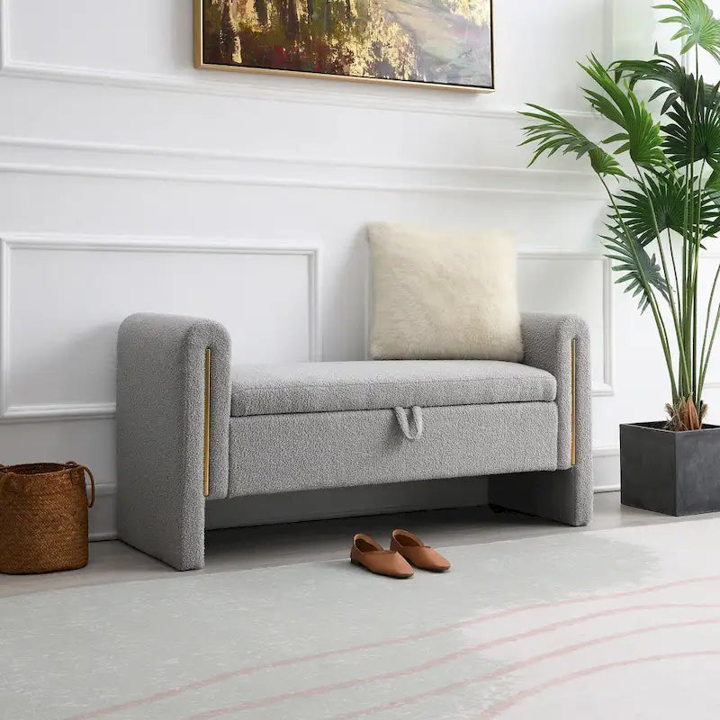 Banc de rangement rembourré en polaire teddy avec accoudoirs, banc d’entrée à plateau relevable pour couloir