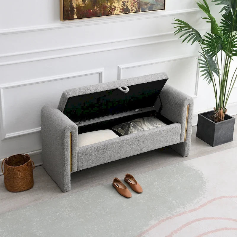 Banc de rangement rembourré en polaire teddy avec accoudoirs, banc d’entrée à plateau relevable pour couloir