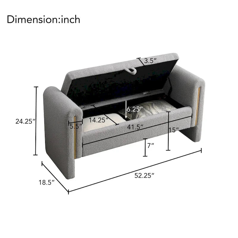Banc de rangement rembourré en polaire teddy avec accoudoirs, banc d’entrée à plateau relevable pour couloir