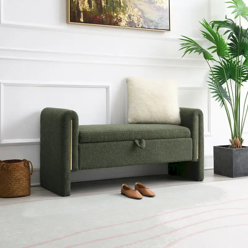 Banc de rangement rembourré en polaire teddy avec accoudoirs, banc d’entrée à plateau relevable pour couloir