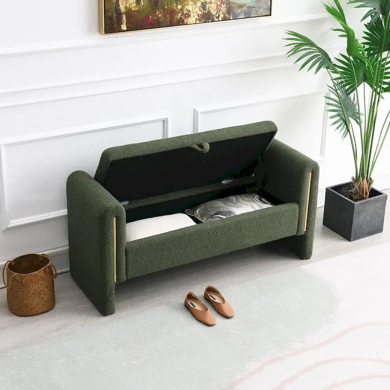 Banc de rangement rembourré en polaire teddy avec accoudoirs, banc d’entrée à plateau relevable pour couloir