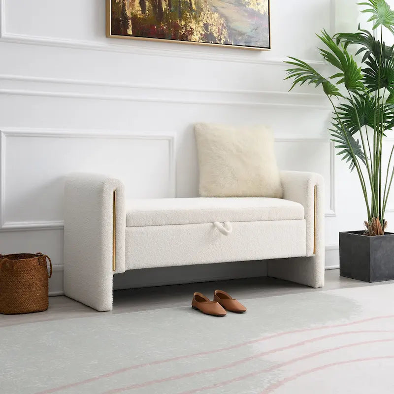 Banc de rangement rembourré en polaire teddy avec accoudoirs, banc d’entrée à plateau relevable pour couloir