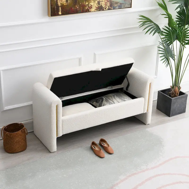 Banc de rangement rembourré en polaire teddy avec accoudoirs, banc d’entrée à plateau relevable pour couloir
