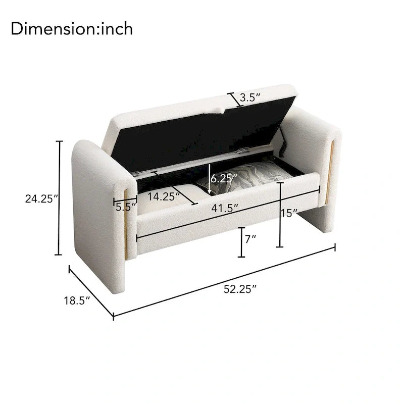 Banc de rangement rembourré en polaire teddy avec accoudoirs, banc d’entrée à plateau relevable pour couloir