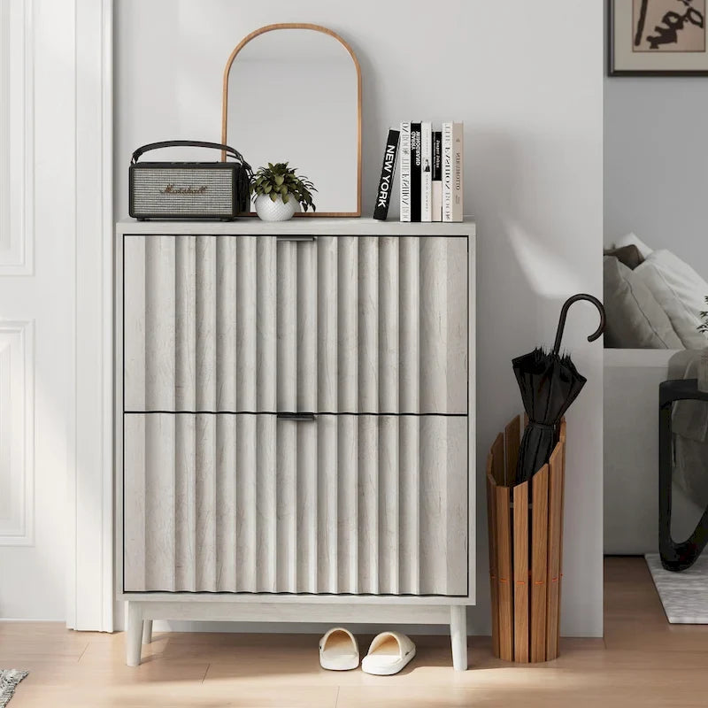 Shoe Cabinet with 2 Flip Drawers, Fluted Shoe Storage Cabinet for Entryway, Free Standing Shoe Storage Organizer with Wave Doors