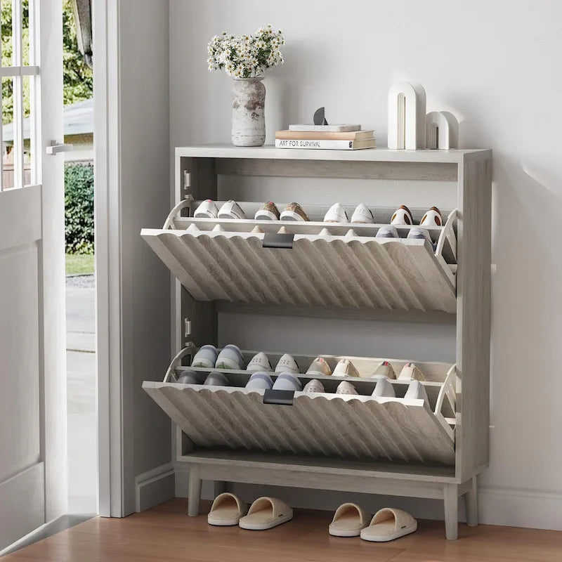 Meuble à chaussures avec 2 tiroirs basculants, meuble à chaussures cannelé pour l'entrée, rangement autoportant avec portes ondulées