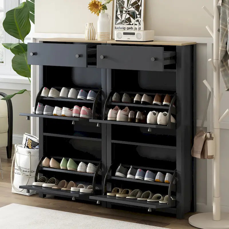 Slim Tipping Bucket Shoe Cabinet Set with 4 Flip Drawers, Wood Grain Pattern Top Shoe Storage Solution with Adjustable Panel