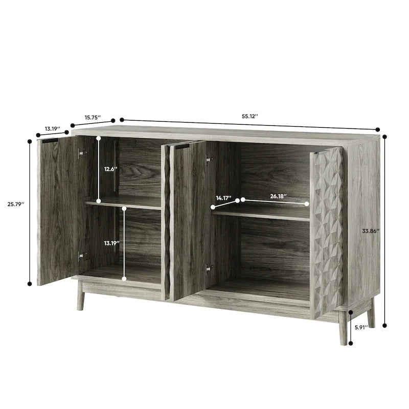 Mueble aparador de estilo moderno, aparador con almacenamiento, armario de almacenamiento con 4 puertas con relieve en forma de rombo