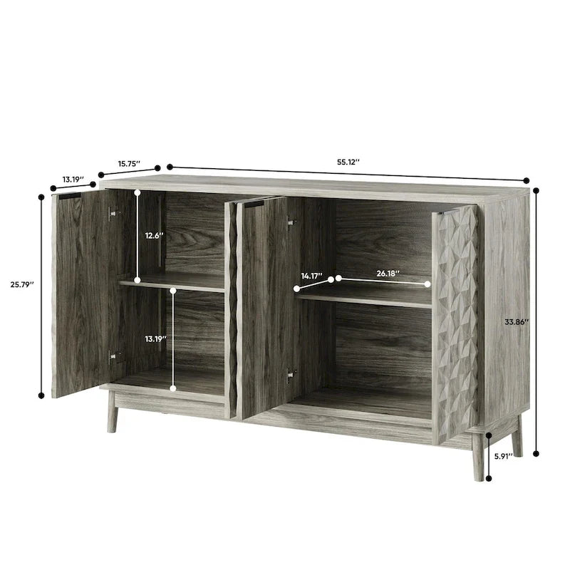 Buffet de style moderne, meuble de rangement avec 4 portes en relief à motifs de losanges