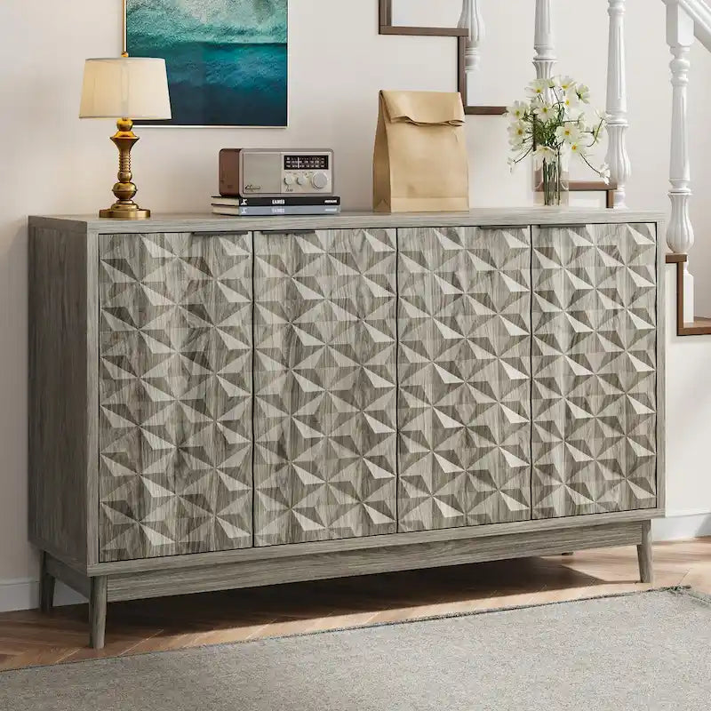 Mueble aparador de estilo moderno, aparador con almacenamiento, armario de almacenamiento con 4 puertas con relieve en forma de rombo