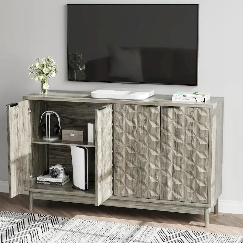 Mueble aparador de estilo moderno, aparador con almacenamiento, armario de almacenamiento con 4 puertas con relieve en forma de rombo