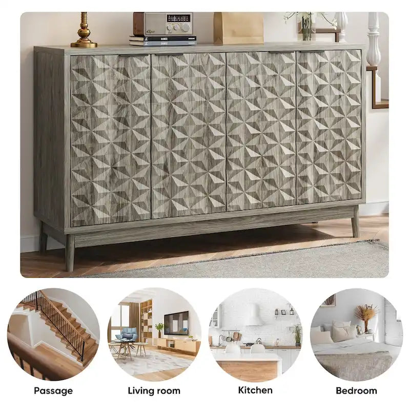 Mueble aparador de estilo moderno, aparador con almacenamiento, armario de almacenamiento con 4 puertas con relieve en forma de rombo