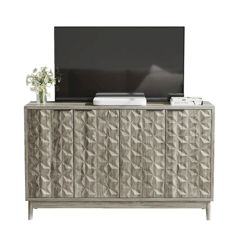 Mueble aparador de estilo moderno, aparador con almacenamiento, armario de almacenamiento con 4 puertas con relieve en forma de rombo
