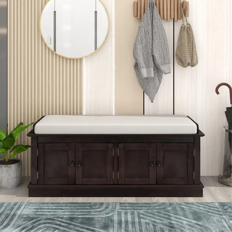Banc de rangement pour couloir avec 4 portes et des étagères réglables, meuble à chaussures de 42.7 pour l’entrée avec coussin amovible, pour le salon