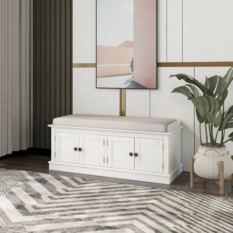 Banc de rangement pour couloir avec 4 portes et des étagères réglables, meuble à chaussures de 42.7 pour l’entrée avec coussin amovible, pour le salon