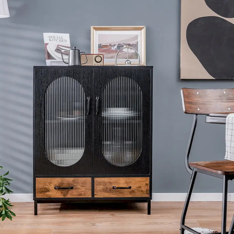 Meuble de rangement de cuisine autoportant, buffet avec 2 portes - noir, brun rustique