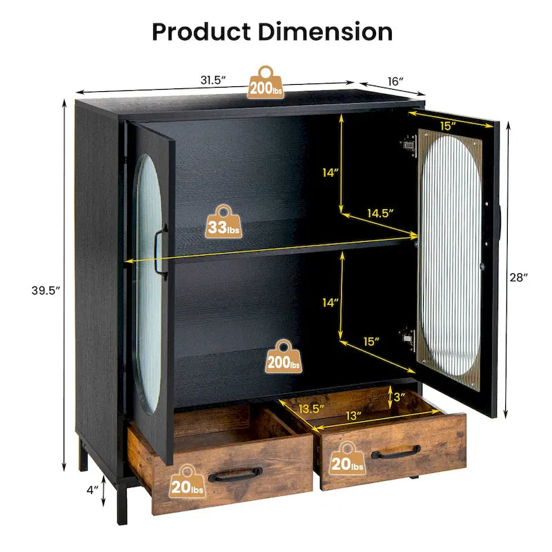 Freistehender Küchen- und Aufbewahrungsschrank, Buffet-Sideboard, 2 - Schwarz, Rustikales Braun