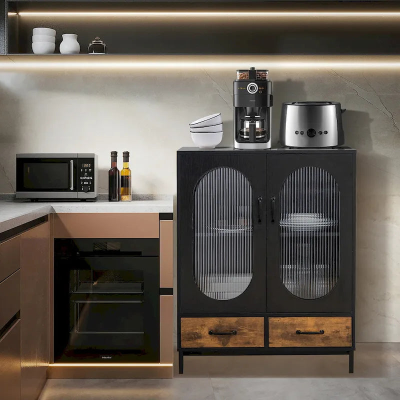 Meuble de rangement de cuisine autoportant, buffet avec 2 portes - noir, brun rustique