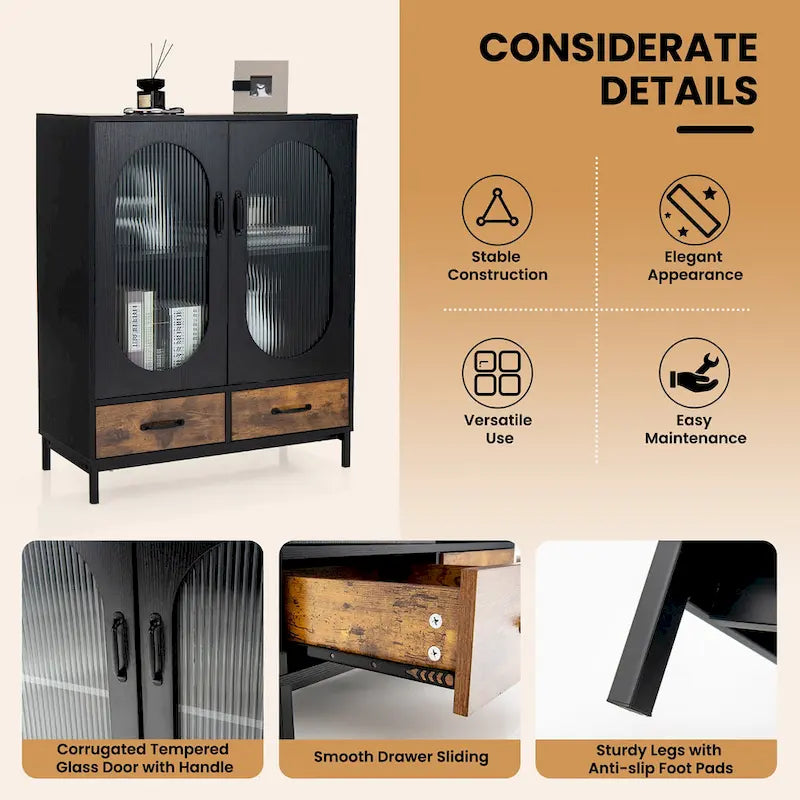 Freistehender Küchen- und Aufbewahrungsschrank, Buffet-Sideboard, 2 - Schwarz, Rustikales Braun