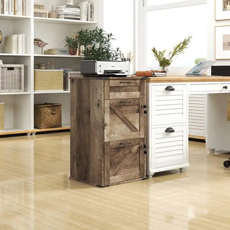 Mueble de madera con puerta de granero, 3 cajones y cerradura, 30.71H